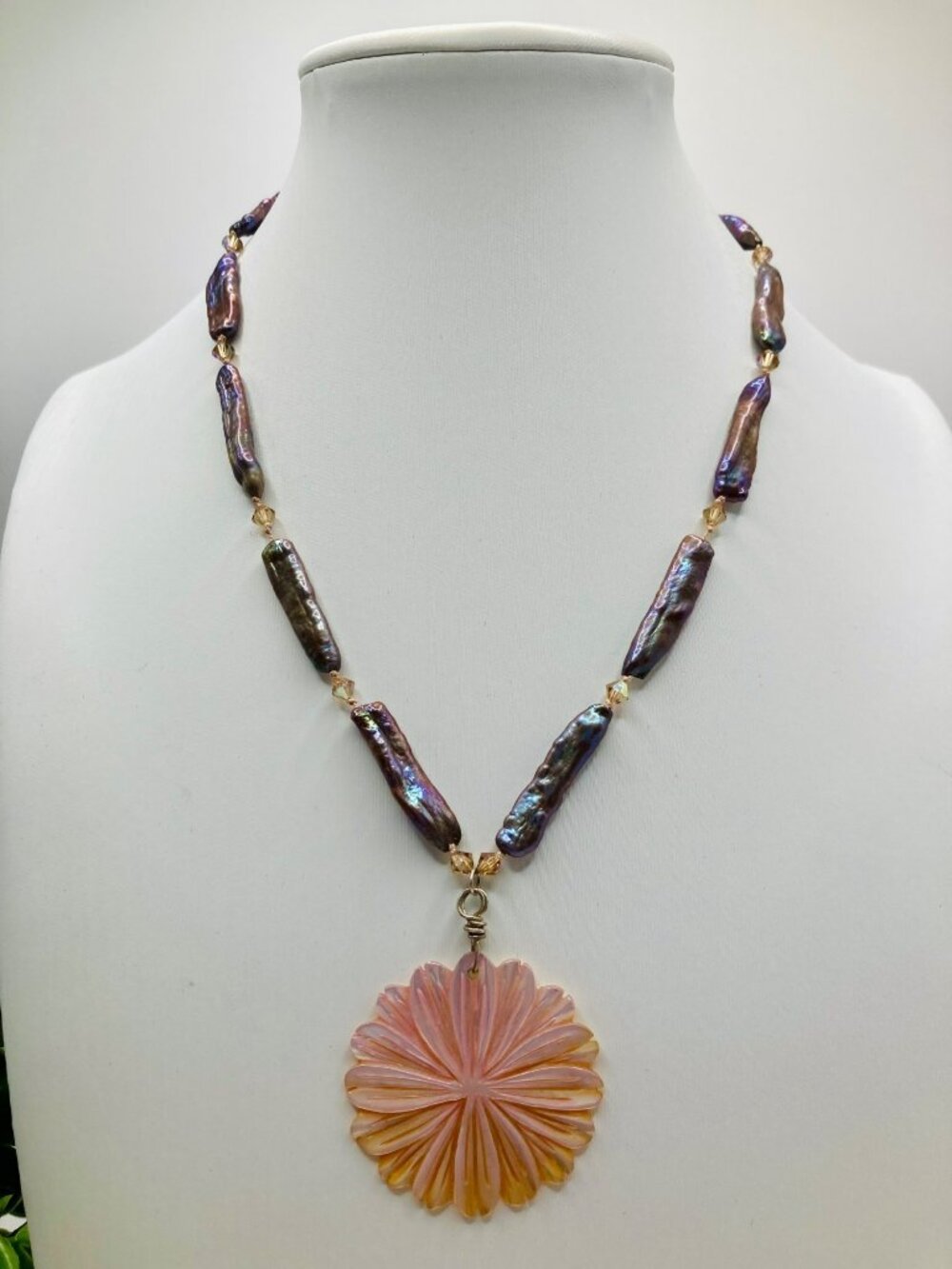 Iridescent Purple Baroque Pearl Necklace Pink Shell Flower Pendant -66B